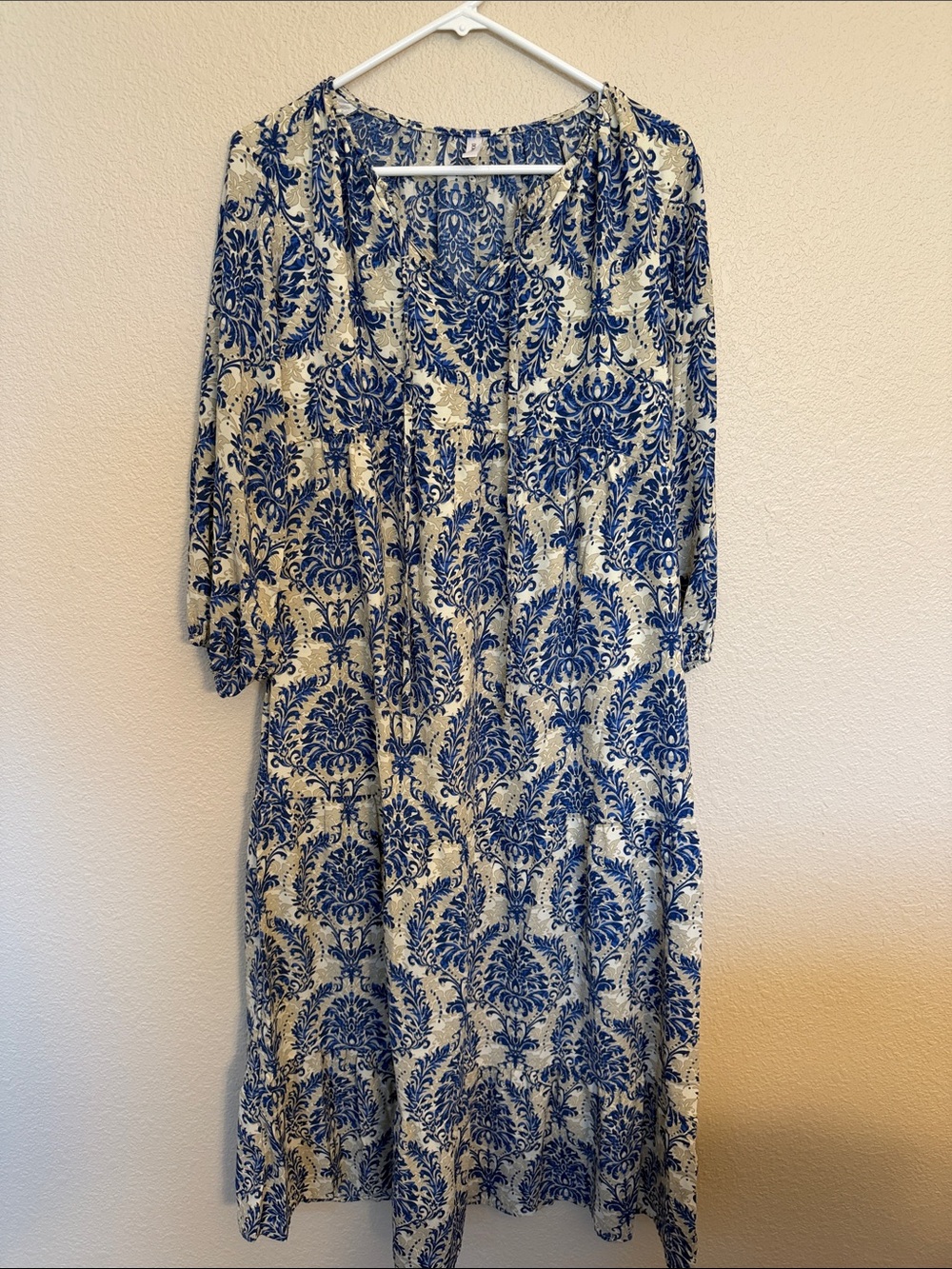 Blue and Cream Printed Midi Dress - Relaxed Boho Style